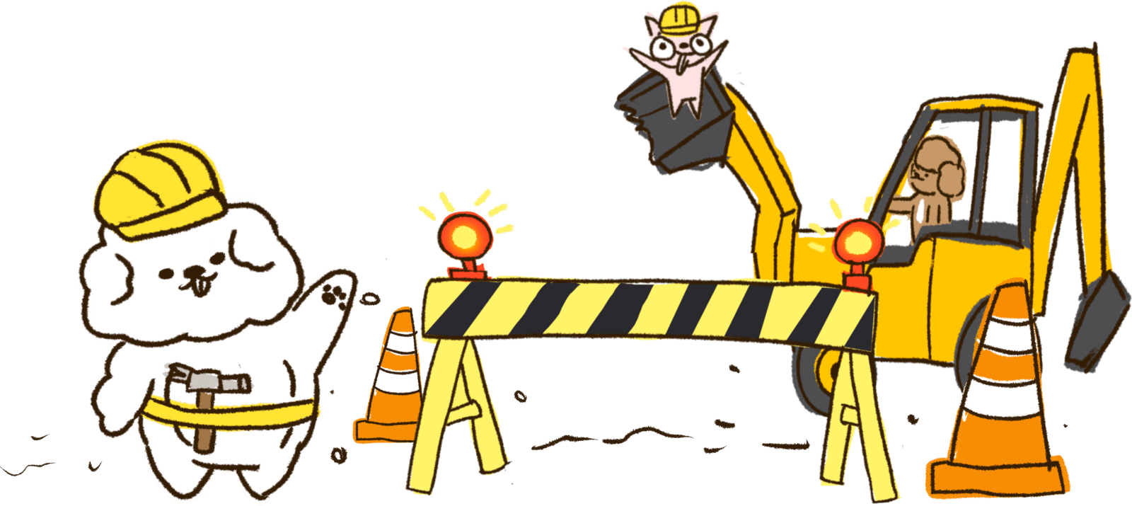 Milky in a hard hat, plus the crew driving an excavator behind a construction barrier